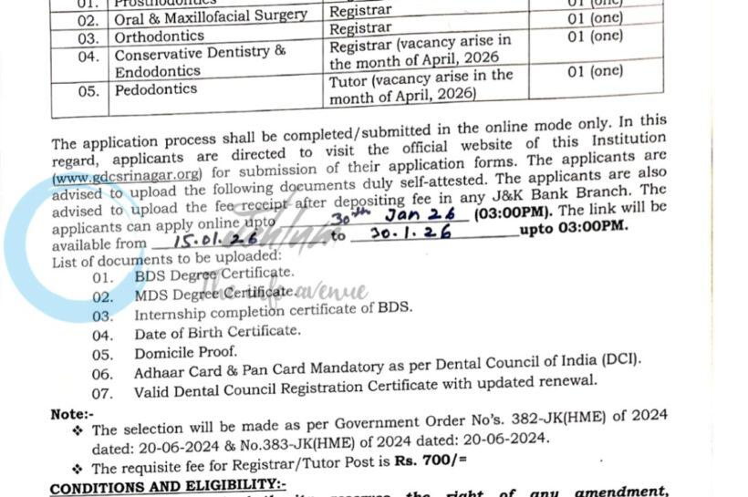 Govt Dental College Hospital GDC Srinagar Registrar Tutor Recruitment 2026