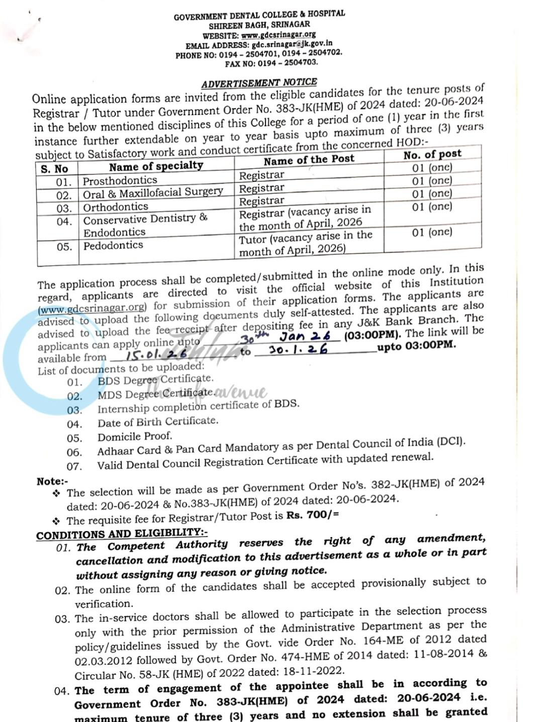Govt Dental College Hospital GDC Srinagar Registrar Tutor Recruitment 2026