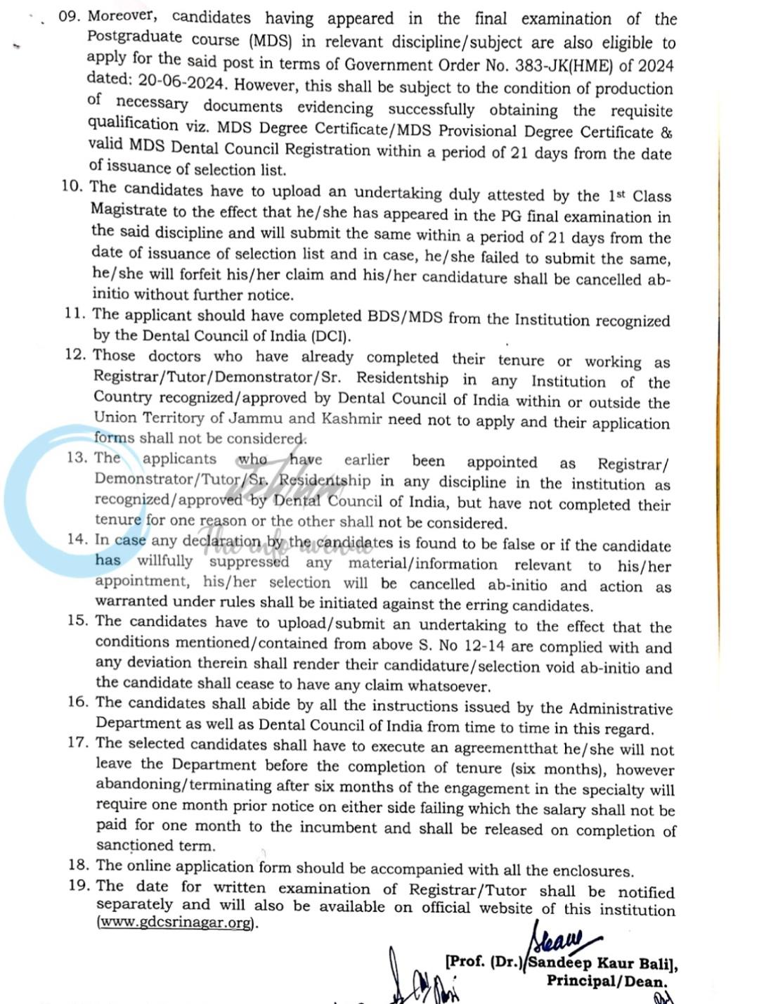 Govt Dental College Hospital GDC Srinagar Registrar Tutor Recruitment 2026