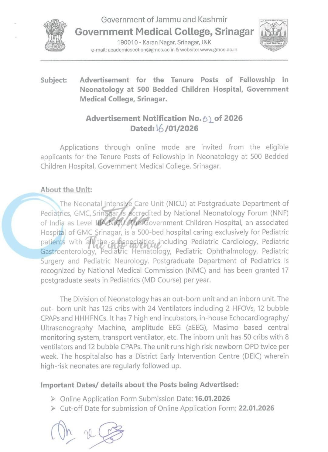 Govt Medical College GMC Srinagar Pediatric Department Fellowship in Neonatology Advertisement 01 of 2026
