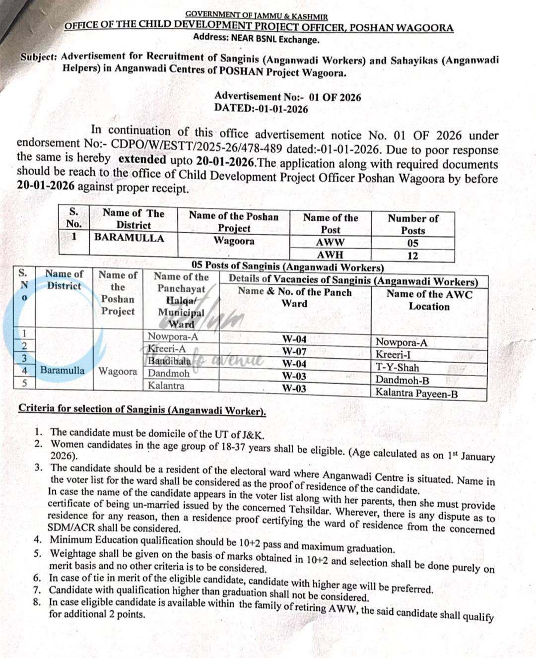 POSHAN Project Wagoora CDPO Baramulla Recruitment Sanginis and Sahayikas Advertisement No 01 of 2026
