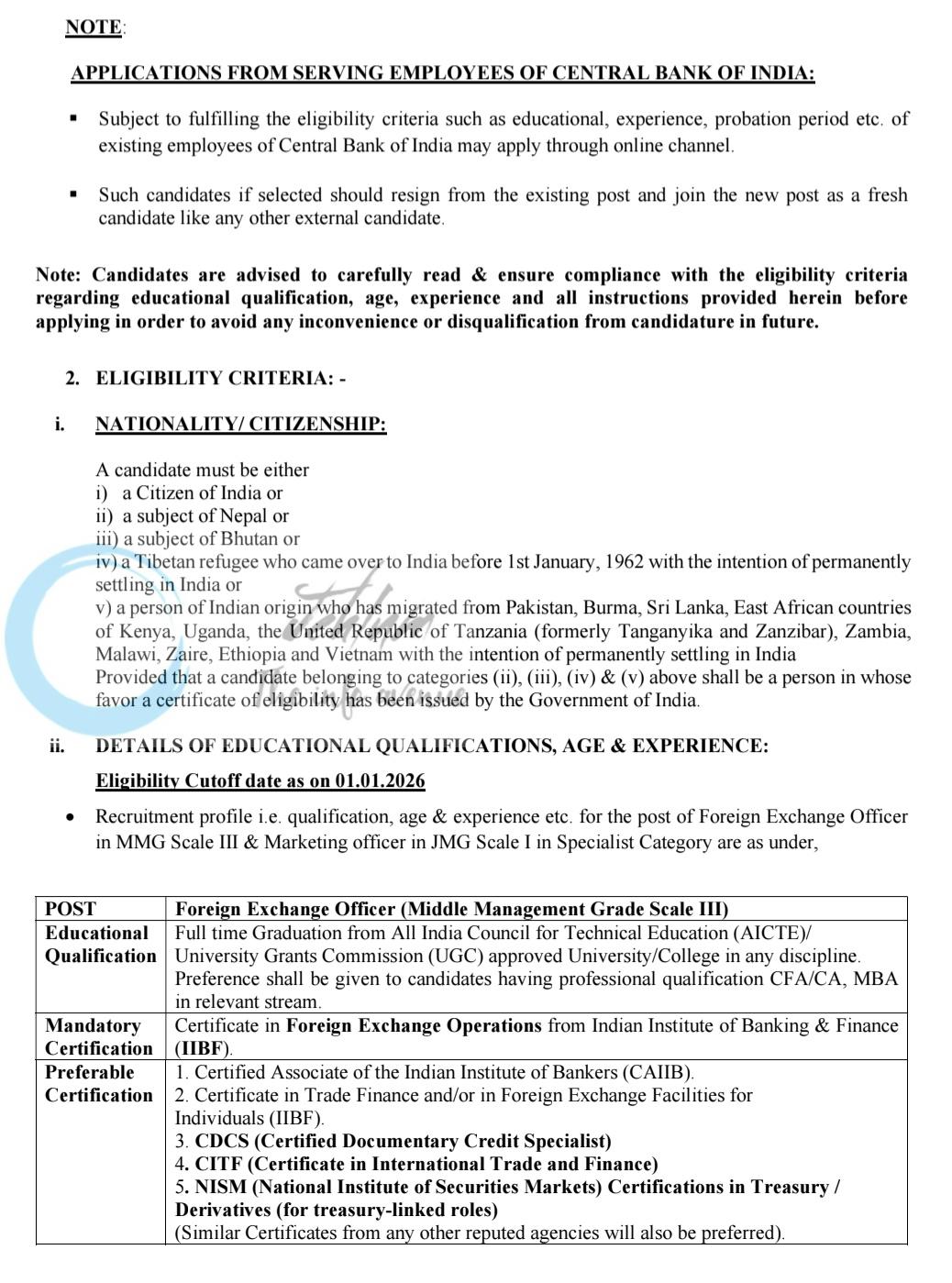 Central Bank of India CBI Foreign Exchange Officer/ Marketing Officer Recruitment Advertisement 2026