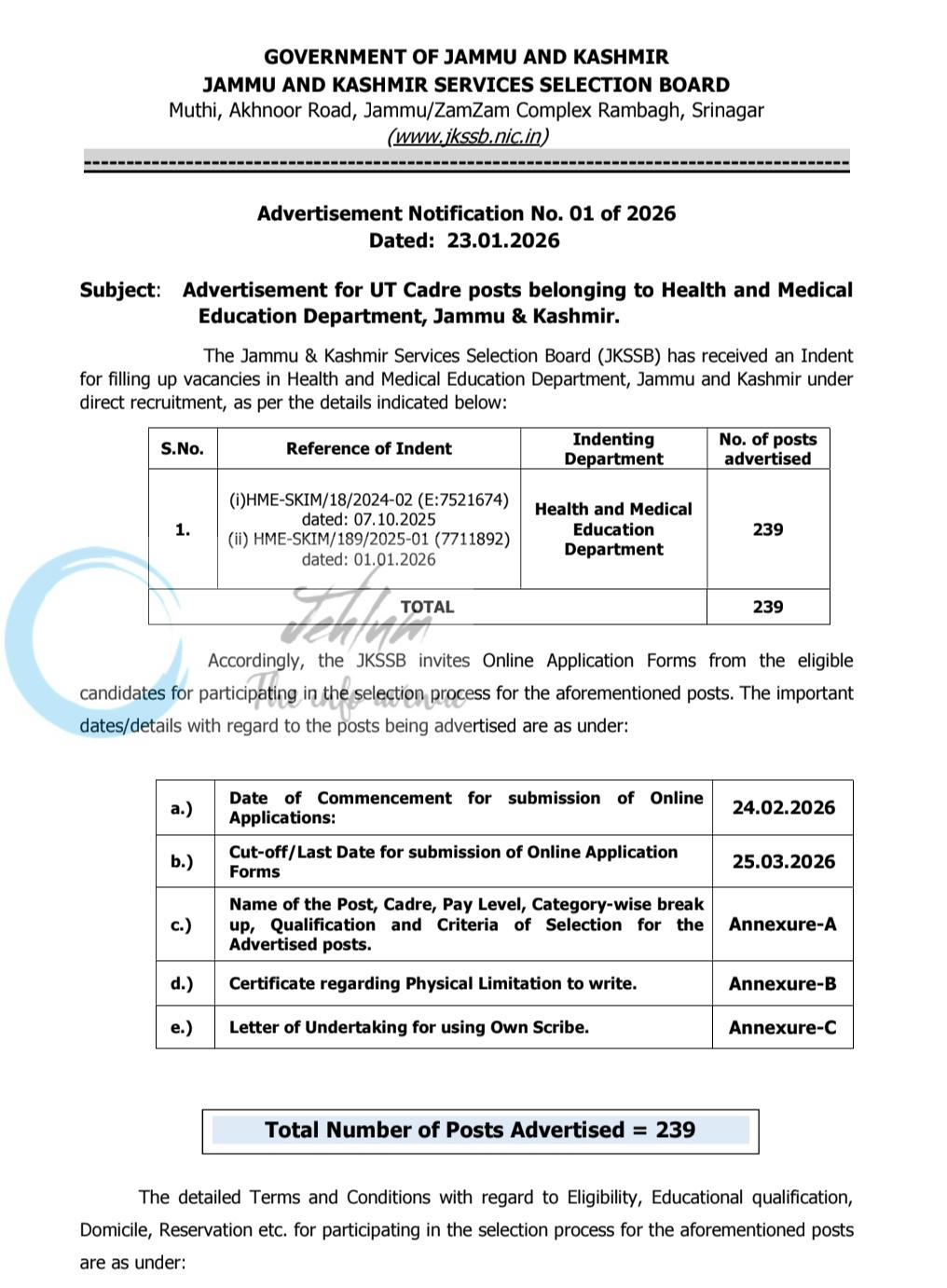 Jammu and Kashmir Services Selection Board JKSSB Srinagar Health and Medical Education Department Jobs Advertisement Notice 01 of 2026