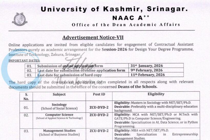 University of Kashmir Institute of Technology Zakura Contractual Assistant Professors Recruitment Advertisement Notice-VII