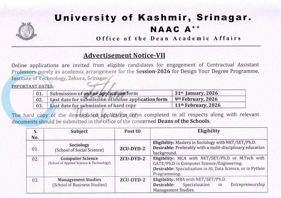University of Kashmir Institute of Technology Zakura Contractual Assistant Professors Recruitment Advertisement Notice-VII
