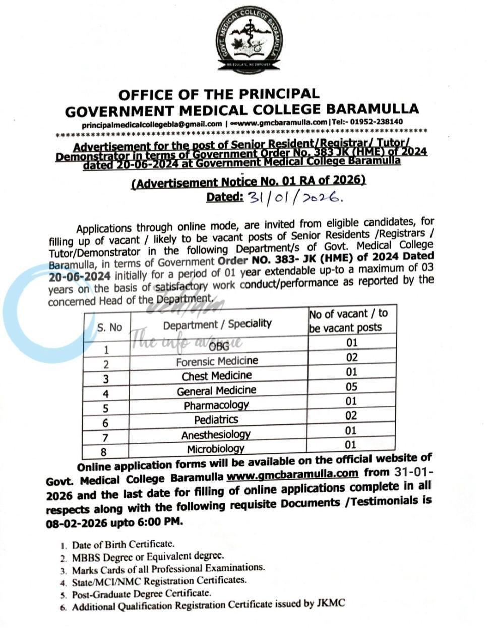 GMC Baramulla Senior Resident and Registrar employment opportunities 2026
