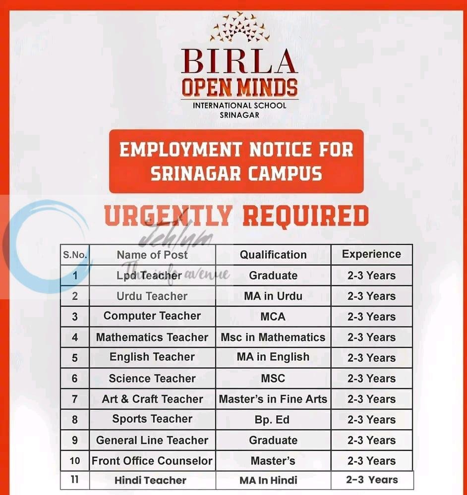 Birla Open Minds International School BOMIS Srinagar Teaching job opportunities 2026 1 Birla Open Minds International School BOMIS Srinagar Teaching job opportunities 2026