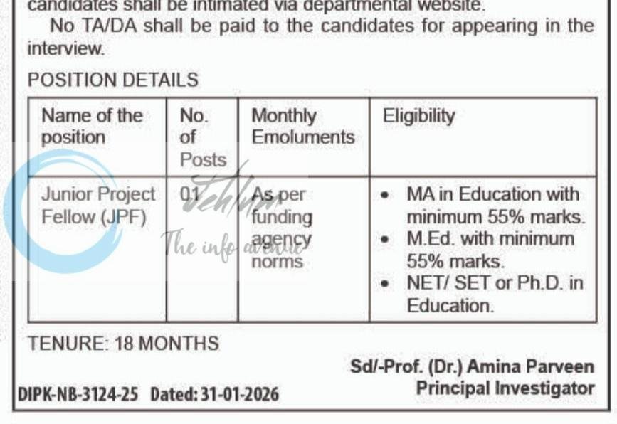 Kashmir University KU DEPTT OF education jpf employment opportunities 2026