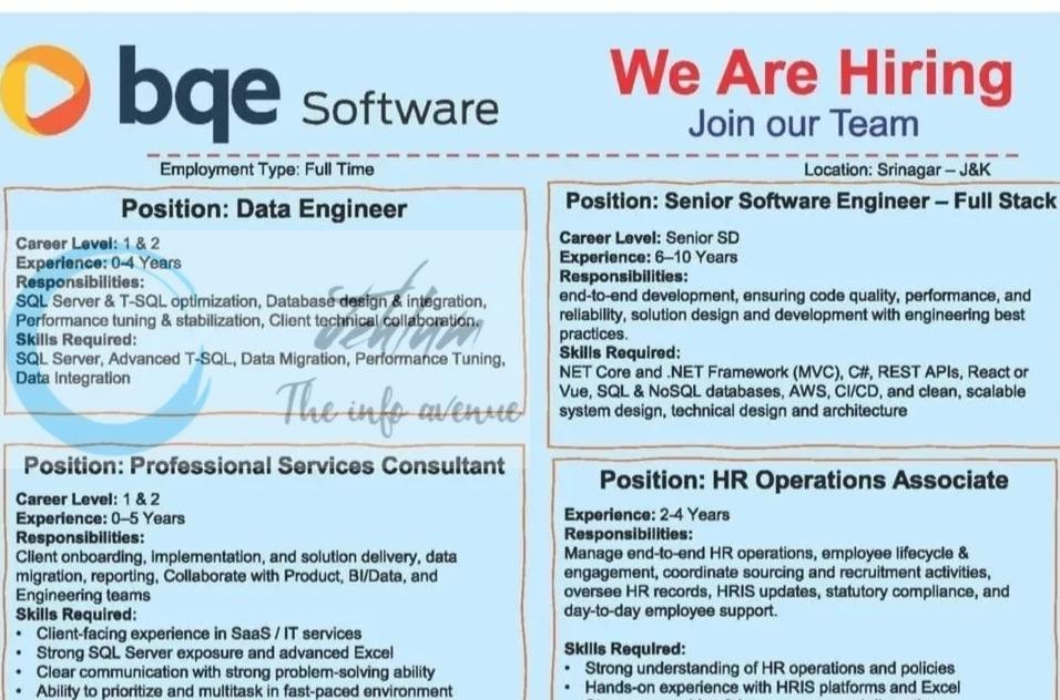 BQE Software Srinagar Data Engineer/ Software Engineer/ HR Operations Jobs Opportunities 2026