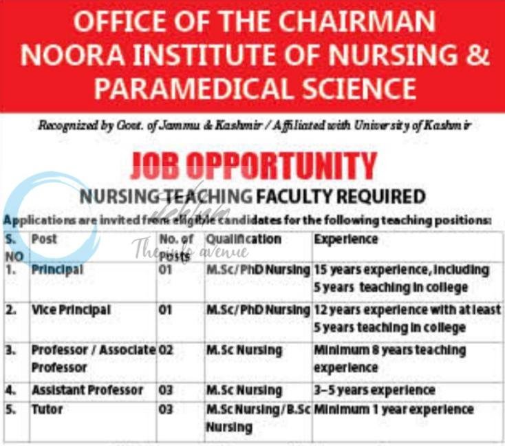 Noora Institute of Nursing and Paramedical Science NINPS Srinagar faculty job opportunities 2026