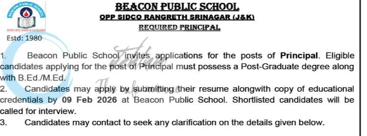 Beacon Public School BPS Srinagar Principal job opportunities 2026