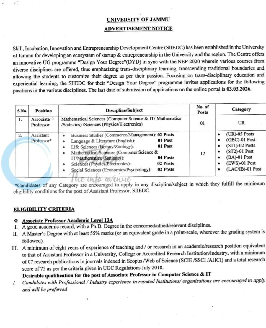 Jammu University Skill Incubation Innovation Entrepreneurship Development Centre SIIEDC Assistant Professor/Associate Professor job opportunities 2026