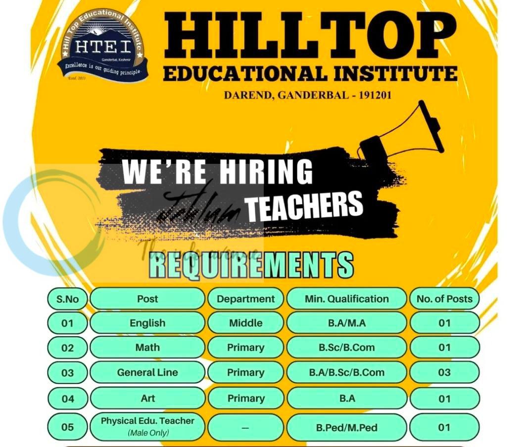 Hilltop Educational Institute HTEI Ganderbal teaching job opportunities 2026