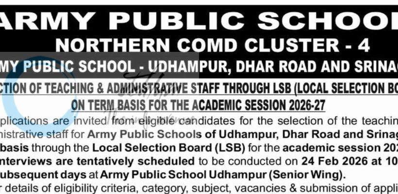 Army Public School APS Udhampur Dhar Road Srinagar Teaching Administrative Staff Jobs Notification 1029/LSB/APSU