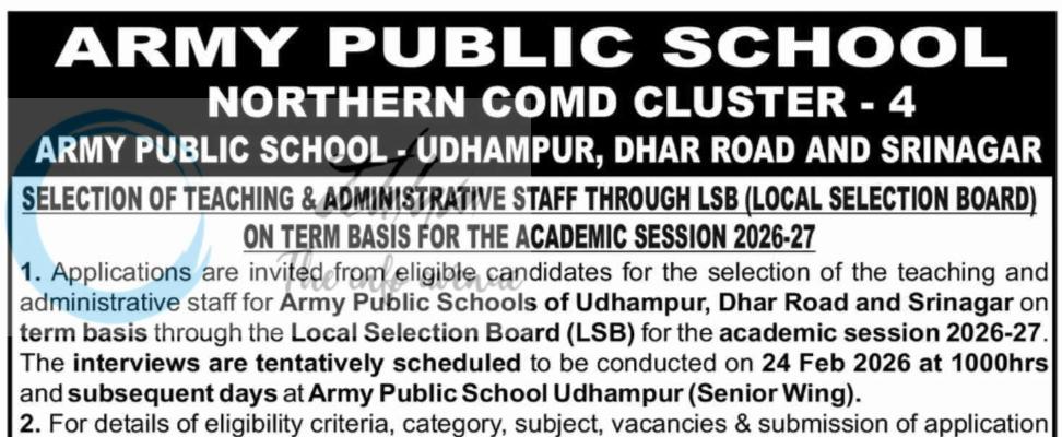 Army Public School APS Udhampur Dhar Road Srinagar Teaching Administrative Staff Jobs Notification 1029/LSB/APSU 1 Army Public School APS Udhampur Dhar Road Srinagar Teaching Administrative Staff Jobs Notification 1029/LSB/APSU