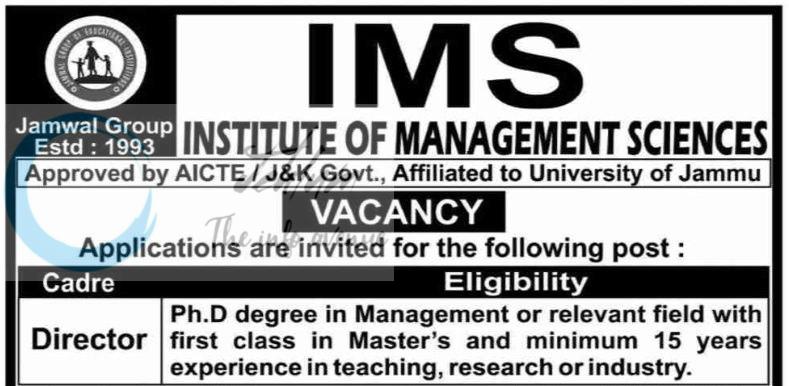 Institute of Management Sciences IMS Jammu director job opportunities 2026