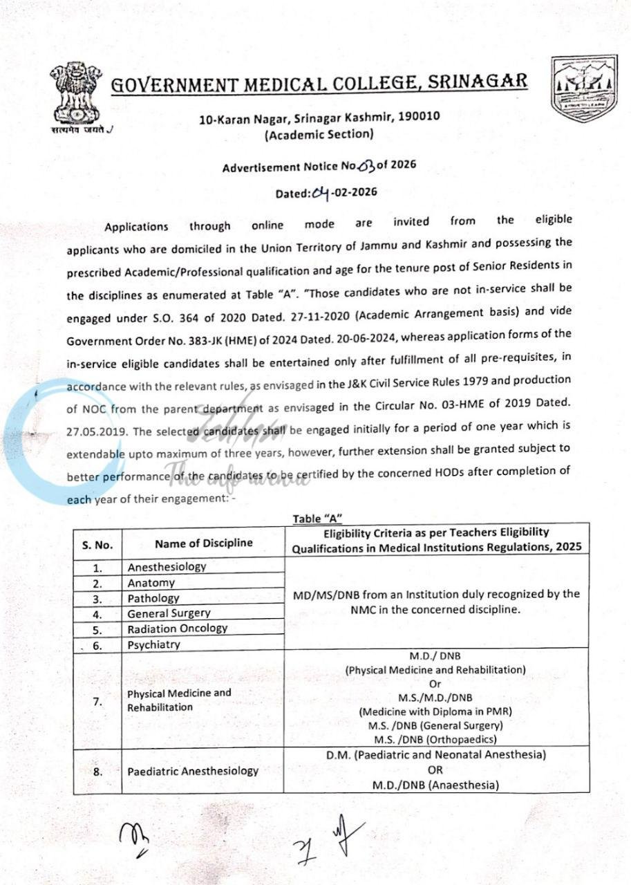 GMC Srinagar Senior Resident Job opportunities Notice 03 of 2026
