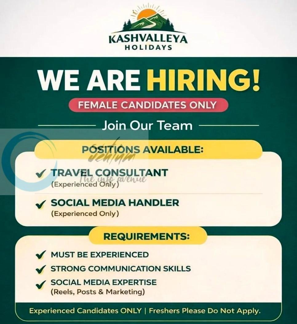 Kashvalleya Holidays Srinagar Travel Consultant job opportunities 2026