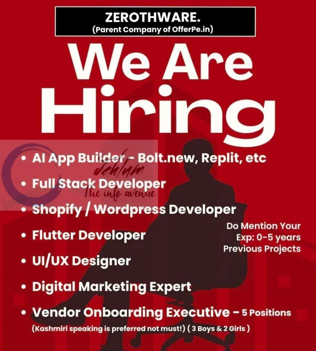 Zerothware Srinagar AI App Builder/Full Stack Developer/Shopify / WordPress Developer/Flutter Developer/UI/UX Designer/Digital Marketing Expert/Vendor Onboarding Executive job opportunities 2026