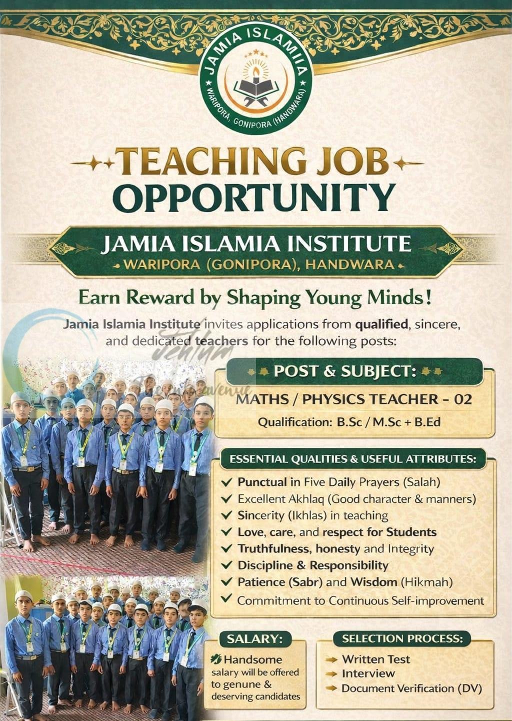 Jamia Islamia Institute Handwara teaching job opportunities 2026