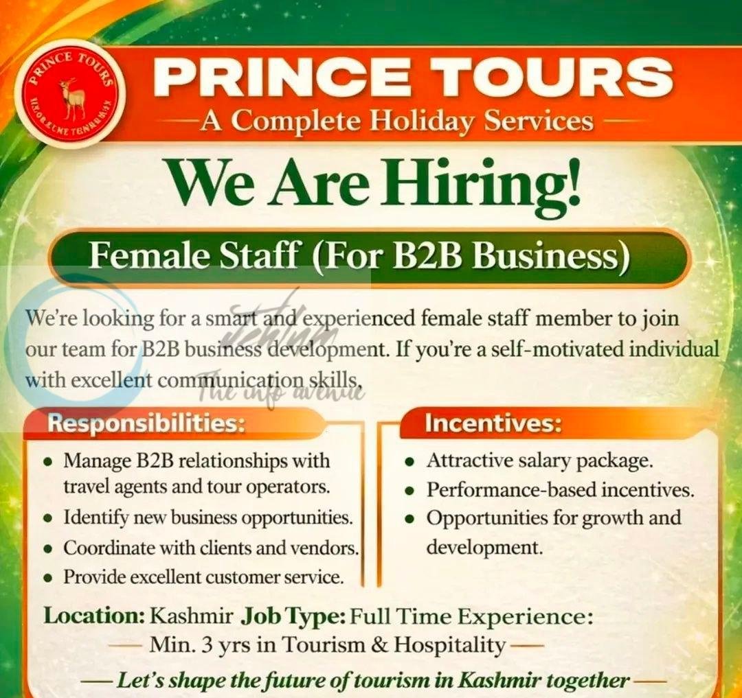 Prince Tours Kashmir Female Staff job opportunities 2026