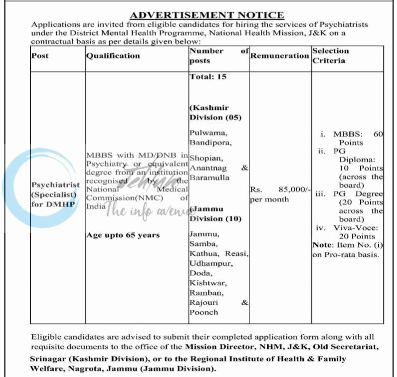 National Health Mission NHM Srinagar Psychiatrist Specialist Jobs Advertisement Notice DIP/J-3628-P