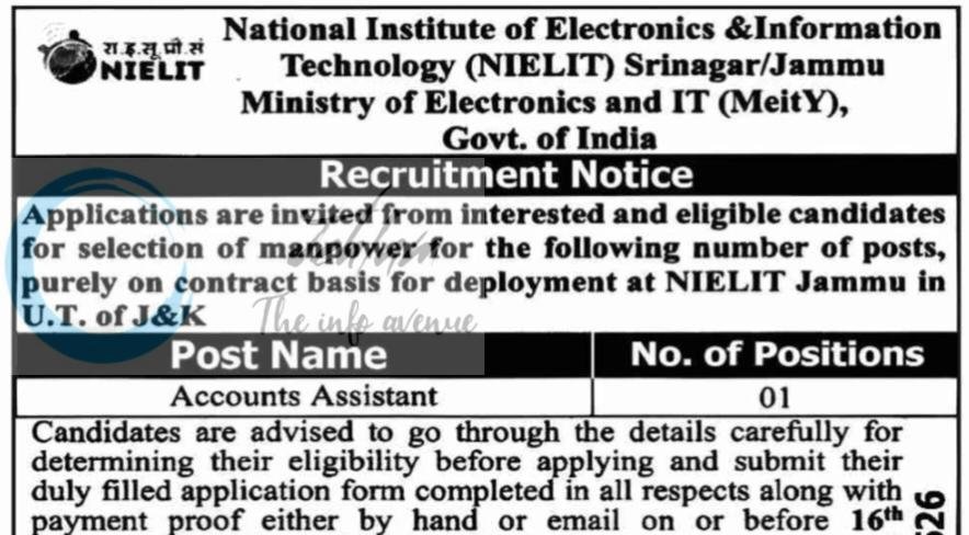 National Institute of Electronics & Information Technology NIELIT Jammu Accounts Assistant Job Advertisement NIELIT-J/R/04/2026