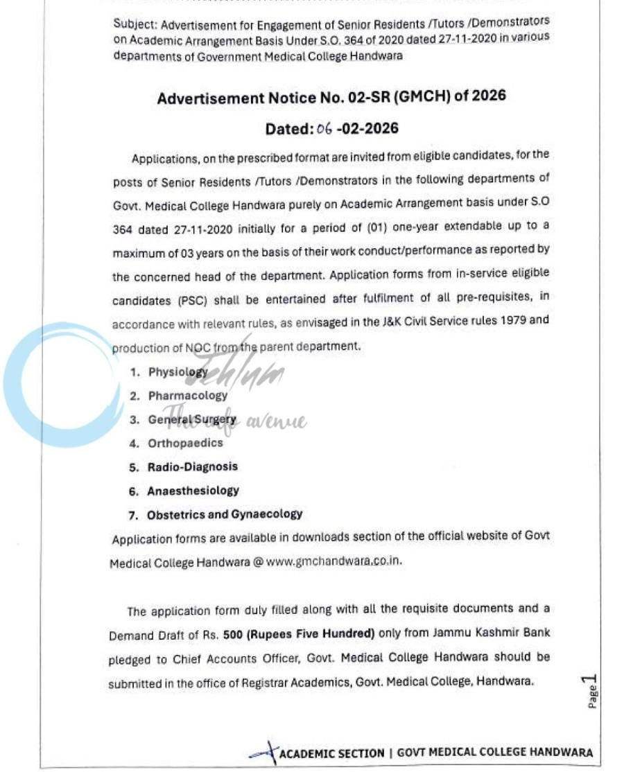 GMC Handwara Senior Residents/Tutors/Demonstrators job opportunities notice 02-SR GMCH of 2026