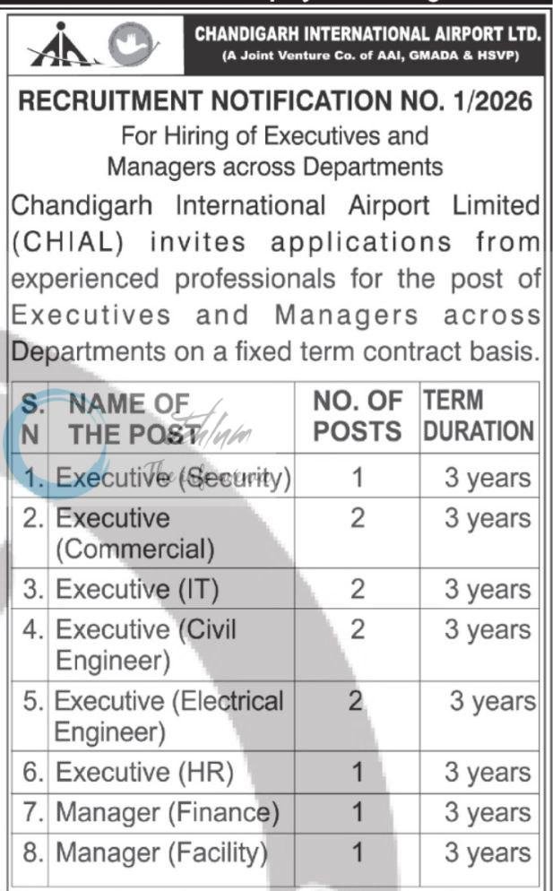 Chandigarh International Airport Limited CHIAL Executive and Managerial job opportunities notice 1/2026