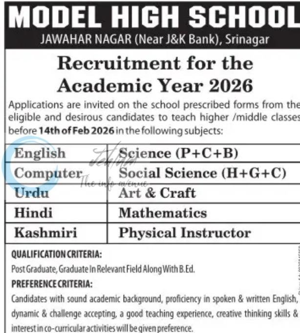 Model High School Srinagar teaching job opportunities 2026