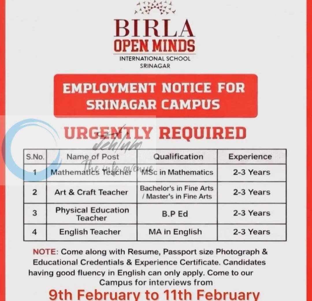 Birla Open Minds International School BOMIS Srinagar Jobs Opportunities 2026