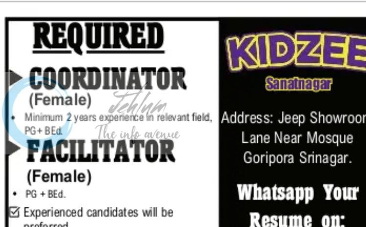 Kidzee Sanatnagar Srinagar staff job opportunities 2026