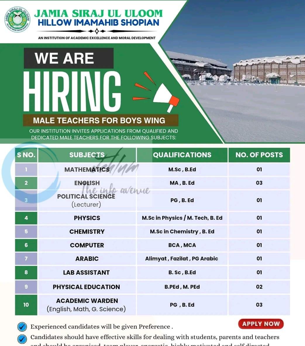 Jamia Siraj Ul Uloom JSU Shopian teaching job opportunities 2026