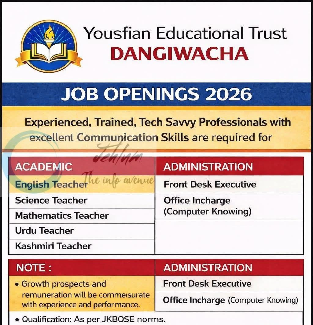 Yousfian Educational Trust YET Dangiwacha Baramulla teaching job opportunities 2026