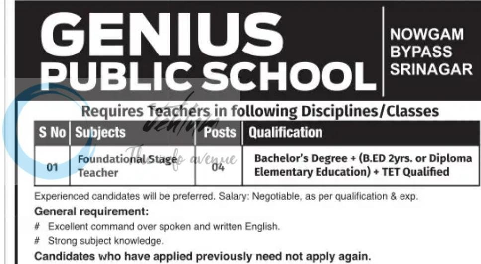 Genius Public School Srinagar Foundational Stage Teacher job opportunities 2026
