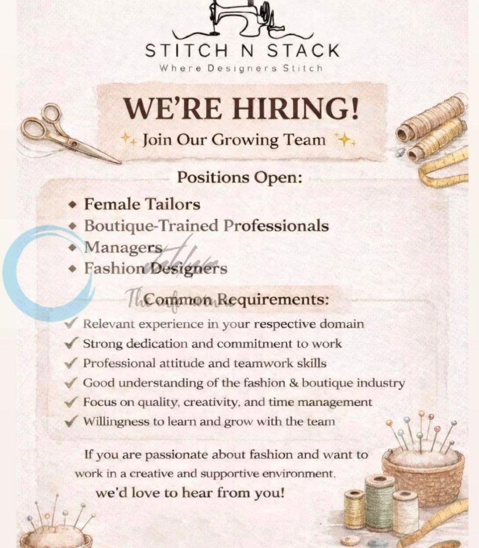 Stitch N Stack SNS Srinagar Tailors staff job opportunities 2026