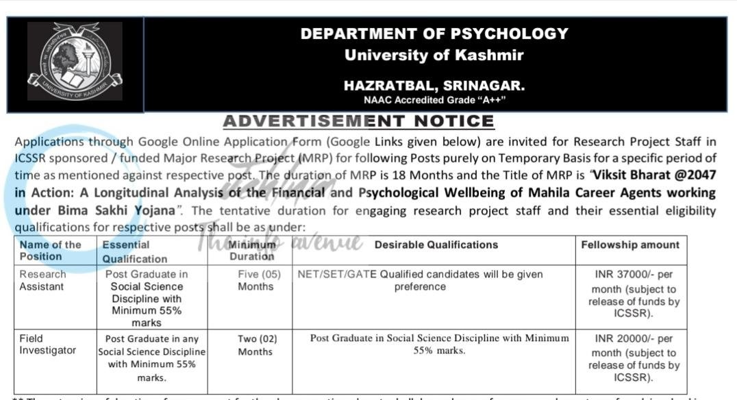 University of Kashmir KU Srinagar Deptt of Psychology Research Assistant/ Field Investigator Advertisement Notice 2026