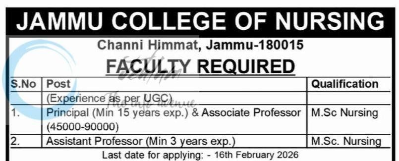Jammu College of Nursing JCN Principal/ Associate Professor/Assistant Professor job opportunities 2026