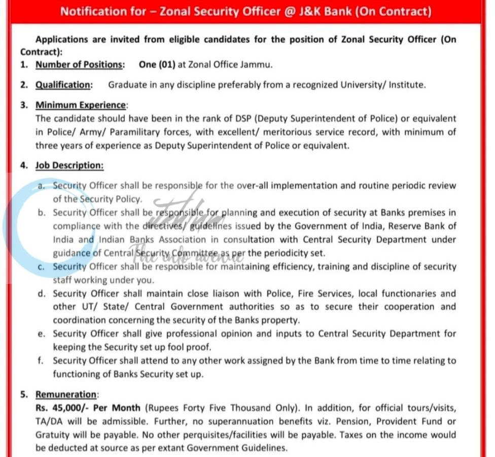 Jammu and Kashmir Bank JKB Jammu Zonal Security Officer employment opportunities notice JKB/HR/Rectt/2026-57