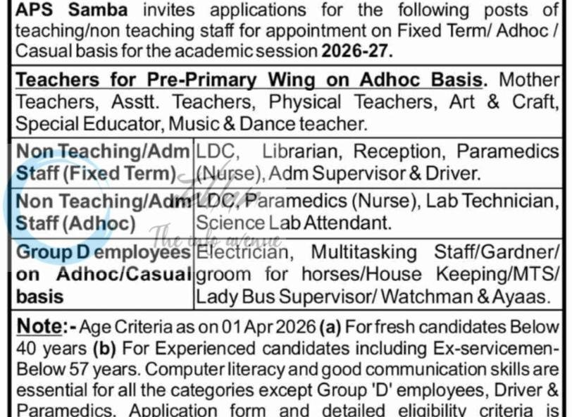 Army Public School Samba APS Samba Jobs Recruitment Advt Notice 2026
