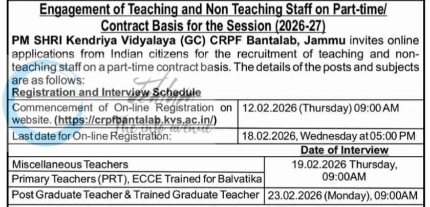 Kendriya Vidyalaya KVS Jammu PGT/TGT/PRT Jobs Advertisement Notice 2026