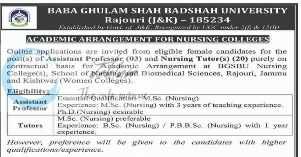 Baba Ghulam Shah Badshah University BGSBU Rajouri Assistant Professor/Nursing Tutor employment opportunities notice BGSBU/DAA/26/02