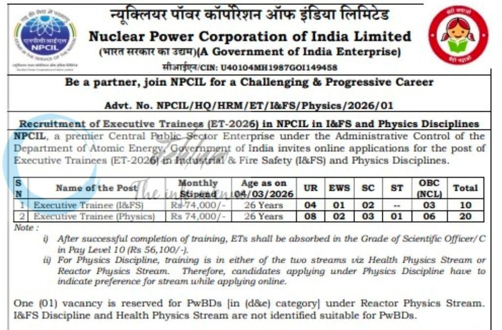 Nuclear Power Corporation of India Limited NPCIL Mumbai Executive Trainee IandFS Executive Trainee job opportunities notice NPCIL/HQ/HRM/ET/IandFS/Physics/2026/01 1 Nuclear Power Corporation of India Limited NPCIL Mumbai Executive Trainee IandFS Executive Trainee job opportunities notice NPCIL/HQ/HRM/ET/I&FS/Physics/2026/01