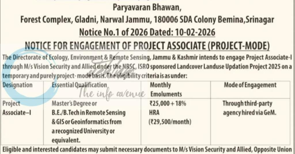 Directorate of Ecology Environment & Remote Sensing DEERS Srinagar Project Associate-I Advertisement Notice No 1 of 2026 1 Directorate of Ecology Environment & Remote Sensing DEERS Srinagar Project Associate-I Advertisement Notice No 1 of 2026