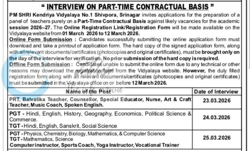 PM SHRI Kendriya Vidyalaya No 1 KV Srinagar PGT/TGT/PRT job opportunities 2026 1 PM SHRI Kendriya Vidyalaya No 1 KV Srinagar PGT/TGT/PRT job opportunities 2026