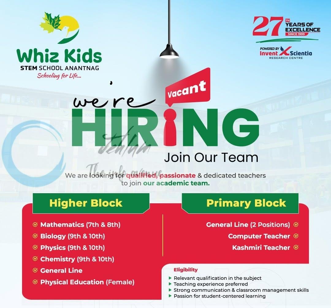 Whiz Kids STEM School WKSS Anantnag teaching job opportunities 2026