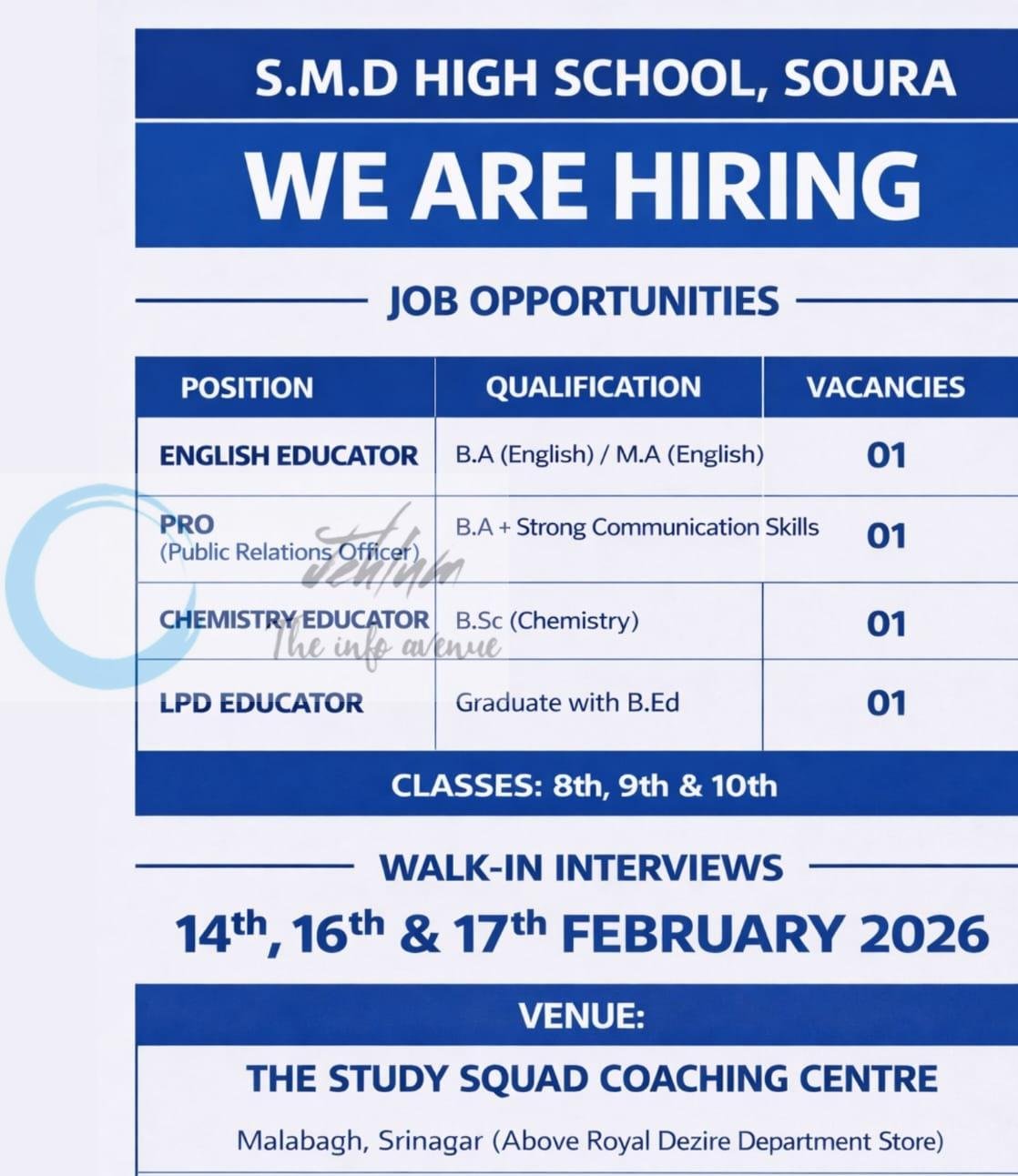 SMD High School Soura teaching job opportunities 2026
