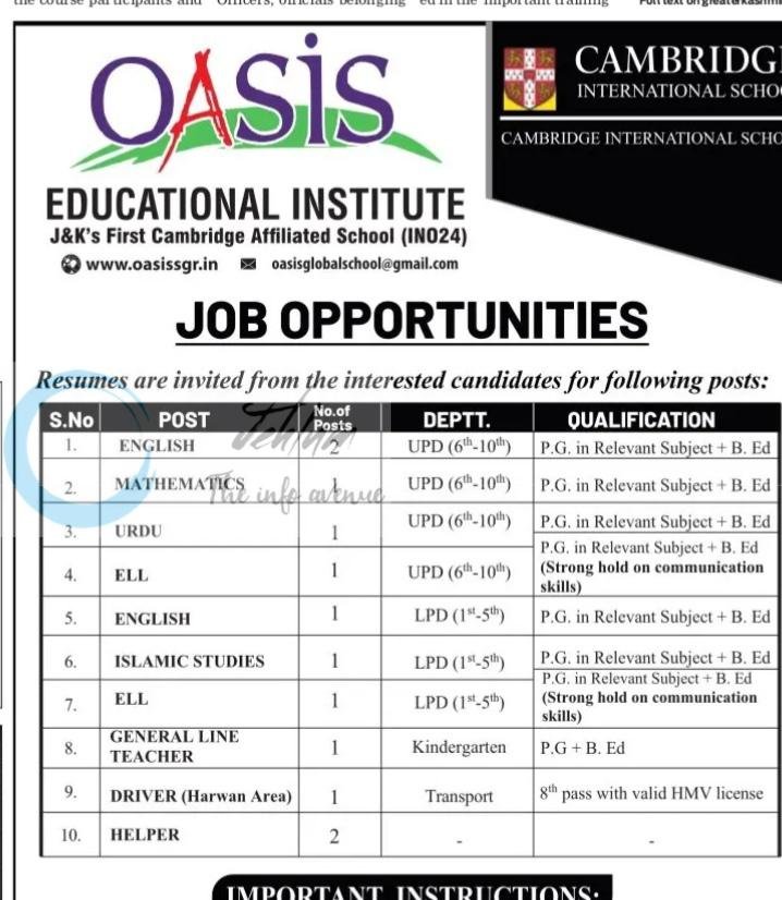 Oasis Educational Institute OEI Srinagar teaching job opportunities 2026 1 Oasis Educational Institute OEI Srinagar teaching job opportunities 2026