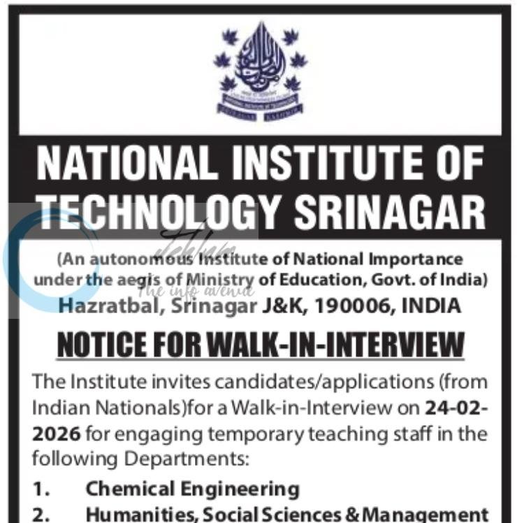 National Institute of Technology NIT Srinagar Temporary Teaching Staff Walk-in-Interview Notification No 58 of 2026 1 National Institute of Technology NIT Srinagar Temporary Teaching Staff Walk-in-Interview Notification No 58 of 2026