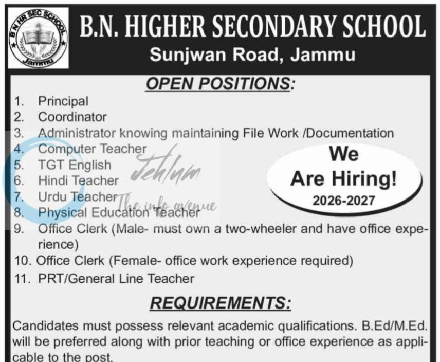 B N Hr Sec School Jammu Jobs Vacancies 2026